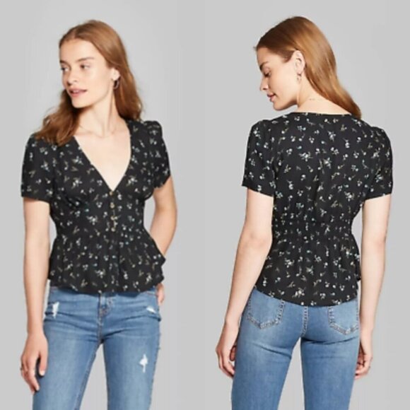 2/$30 Wild Fable Floral Print Pattern Peplum Ruffle Short Sleeve Top Blouse - Picture 5 of 7